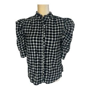 Gap Flannel Black and White Check Puff Sleeve‎ Top Blouse Button Size Small